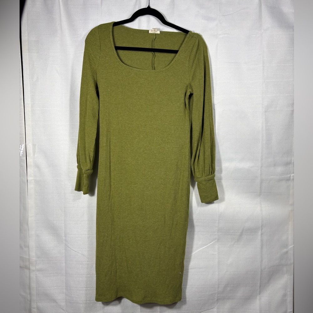 ANA A New Approach Size S Olive Ribbed Knit Puffed Sleeve Dress